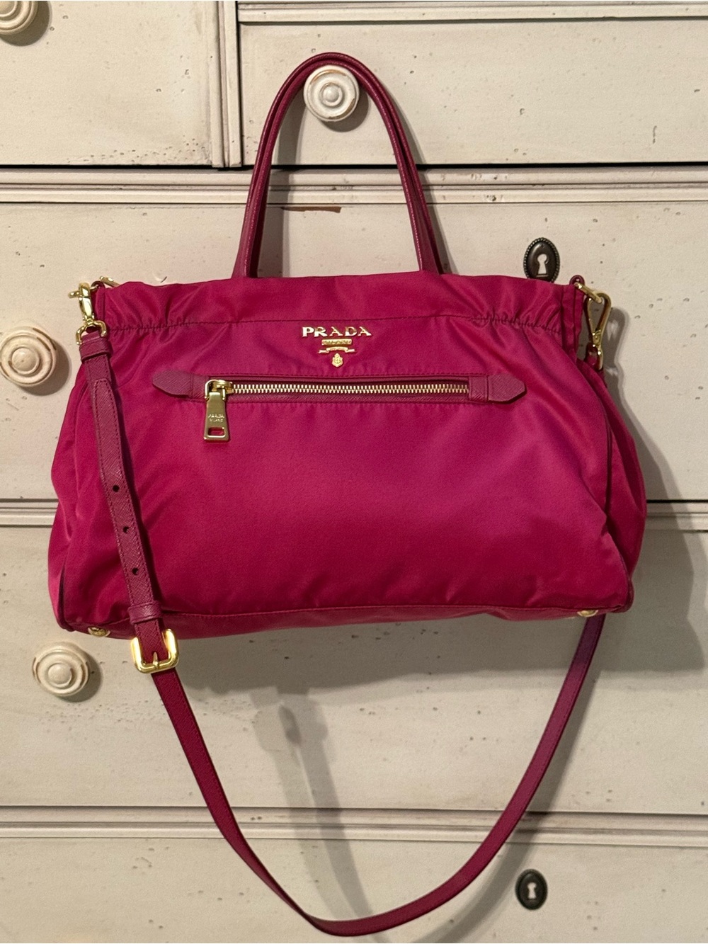 Prada Fuchsia Nylon Shoulder Bag with Gold Hardware Inside & out Very Clean